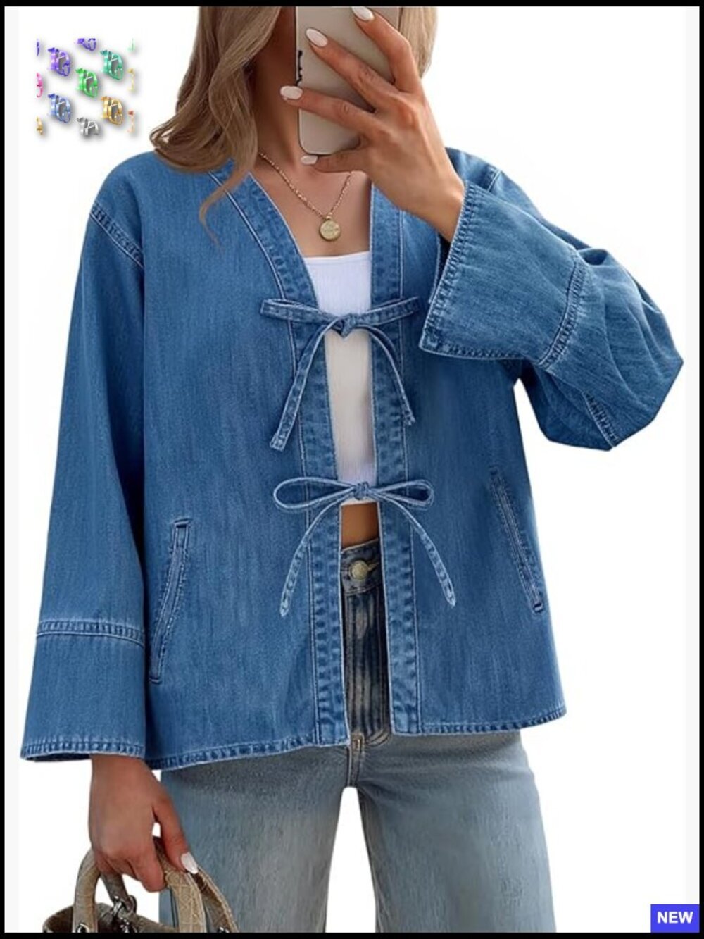 Tie Front Denim Jacket Long Wide Sleeve Loose Fit Bow Shacket Going Out